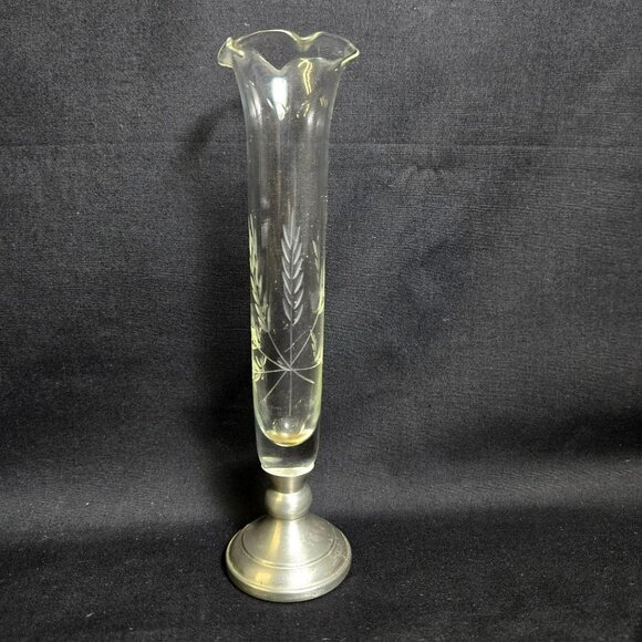 Vintage WEB Pewter & Etched Ruffled Glass Bud Vase Wheat Design 7.5" Marked - Picture 1 of 12